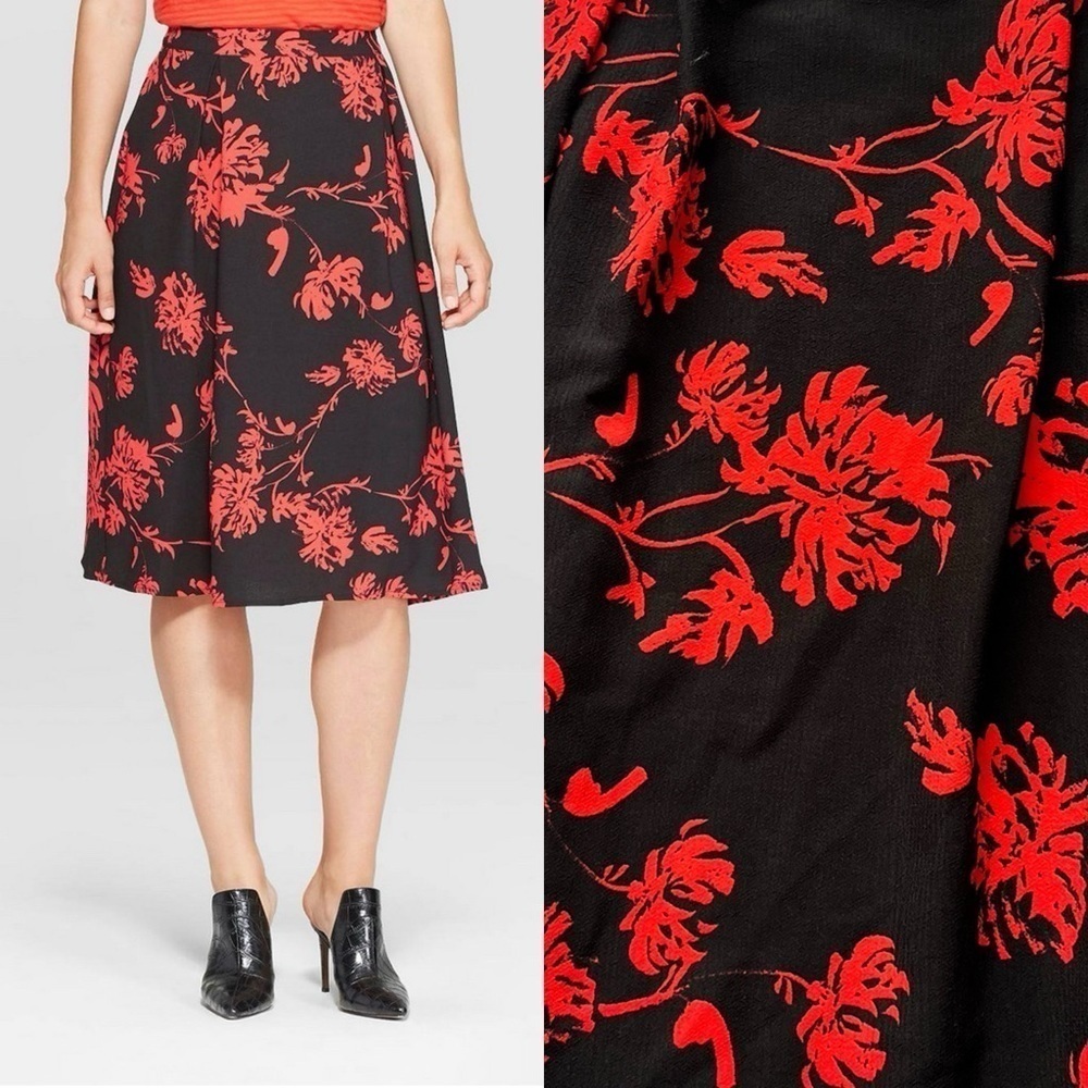 NWT Who What Wear Floral Birdcage Midi Skirt Skater Career Wear  Red Black Sz 2